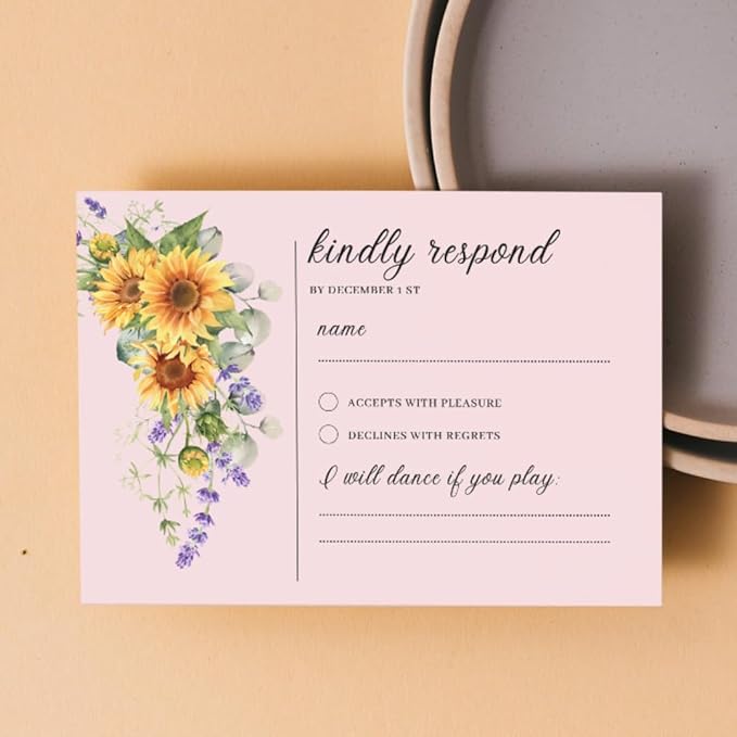 Preprinted Purple and Yellow Sunflower Wedding or Party RSVP Cards, Personalized Response Card Glossy Finish With White Envelopes, Set of 15 with Envelope, 5x3.5 inch Cards (Pink)