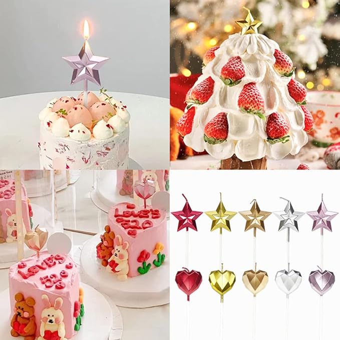 Saododku Birthday Candles, Star Shaped Birthday Candles for Cake, 5pcs Sparkler Candles for Birthday Cake, Metallic Multi-Colored Stereo Shaping Cake Candles Set