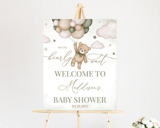 Personalized Teddy Bear Baby Shower Welcome Sign, Welcome to Baby Shower Sign, We Can Bearly Wait Baby Shower Sign Decor