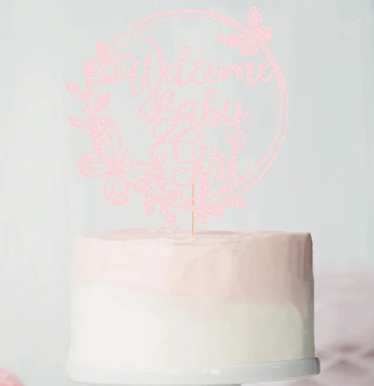 Welcome Baby Girl Cake Topper - Light Pink Glitter Baby Shower Cake Decorations, Baby Girl Cake Decor, for Baby Shower/Birthday Party/Gender Reveal Party Photo Booth Props