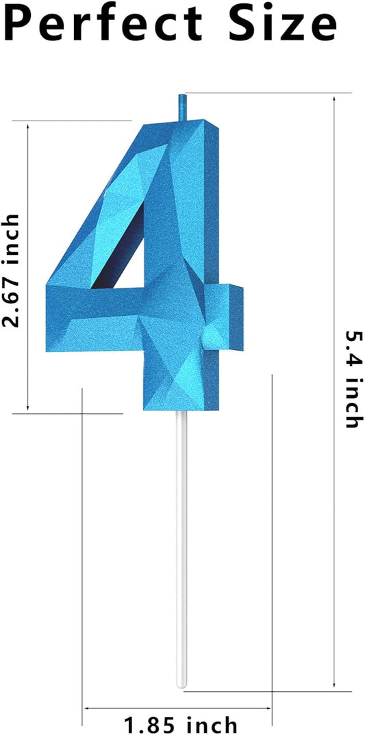 Number Birthday Candles(4 Candle Blue) 3D Diamond Shape Number Happy Birthday Cake Candles for Birthday Party Wedding Decoration Reunions Theme Party