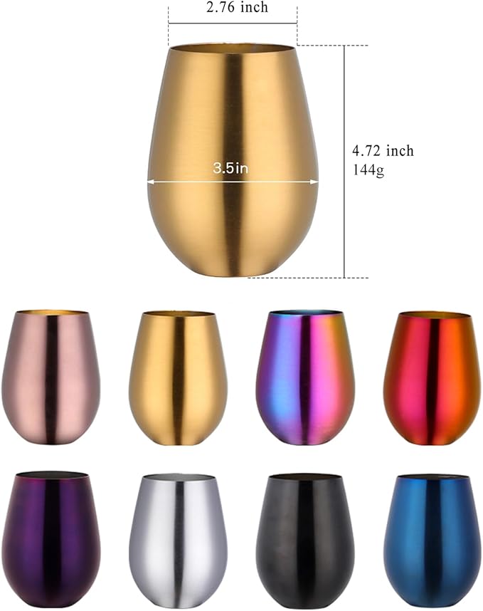 Buyer Star 304 Stainless Steel Wine Glasses Set of 2 - Large 17 oz Outdoor Stemless Wine Tumblers - 100% Unbreakable & Stemless Metal Drinking Cups for Home and Outdoors Dishwasher safe (Silver&Gold)