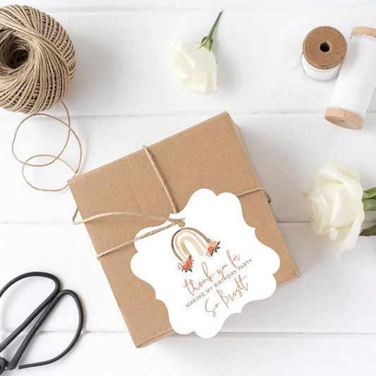 Andaz Press Fancy Frame Kids Party Favor Thank You Tags with String, 48-Pack Boho Rainbow Birthday Gift Tags for Gift Bags, Favor Bags, Goody Bags, Girls Boho Birthday, 1st Birthday Party Favors