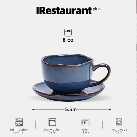 Organic Shape Restaurant 8OZ Coffee Cup and Saucer, Commerical Grade Catering Stoneware Cup and Saucer in Ir-regular Organic Shape, Chip & Scratch Resistant, Glossy Reactive Glaze Blue, Case of 24
