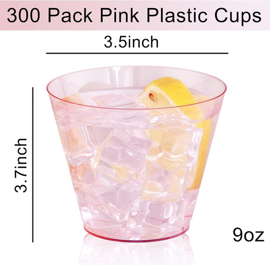 Ciaell 300PCS Clear Pink Plastic Cups - 9 Oz Heavy Duty Plastic Cups - Clear Party Cup Disposable Wine Cup for Parties & Weddings & Party