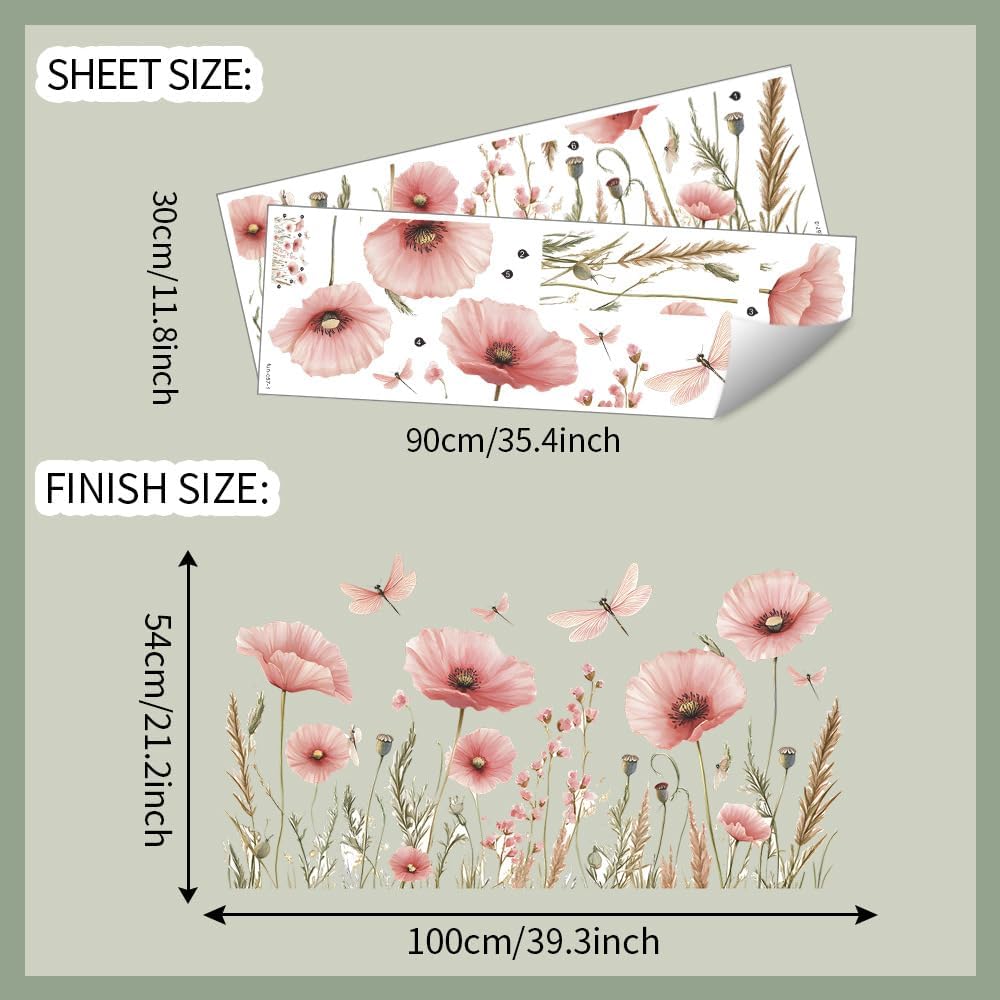 Watercolor Pink Flower Dragonfly Wall Stickers Botanical Removable Vinyl Wall Decals for Bedroom and Living Room