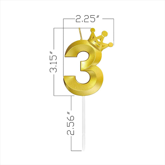 Number 3 Birthday Candle Three Years Old Happy Birthday Number Candles Cake Topper Decorations 3D Crown (Crown-3, Gold)
