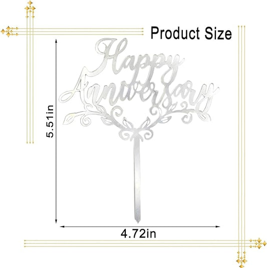 Silver Acrylic Happy Anniversary Cake Topper - Personalized Wedding, Engagement, Anniversary & Bridal Shower Cake Decoration