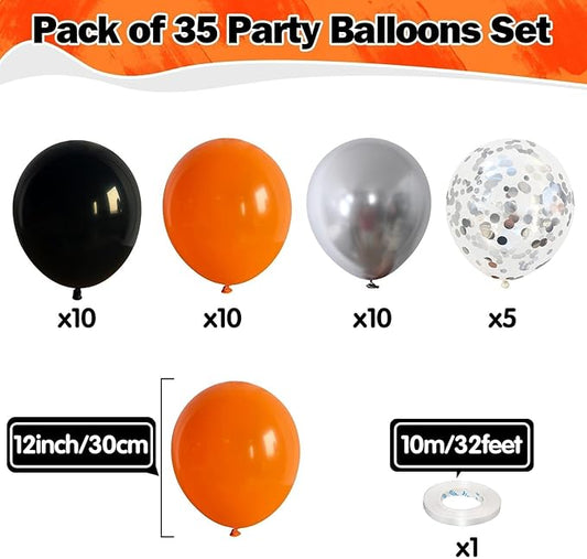 Black Orange Balloons 12 Inch Black Orange Silver Confetti Balloons Halloween Trick or Treat Balloon for Boys Men Basketball Graduation Bachelorette Baby Shower Birthday Party Decorations, 35 Pcs