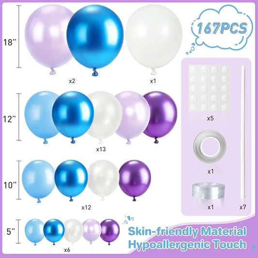 Blue Purple White Balloon Garland Arch Kit, 167Pcs Latex Balloons Different Sizes 18 12 10 5 inch for Girl Princess Winter Wonderland Birthday Baby Shower Party Decorations