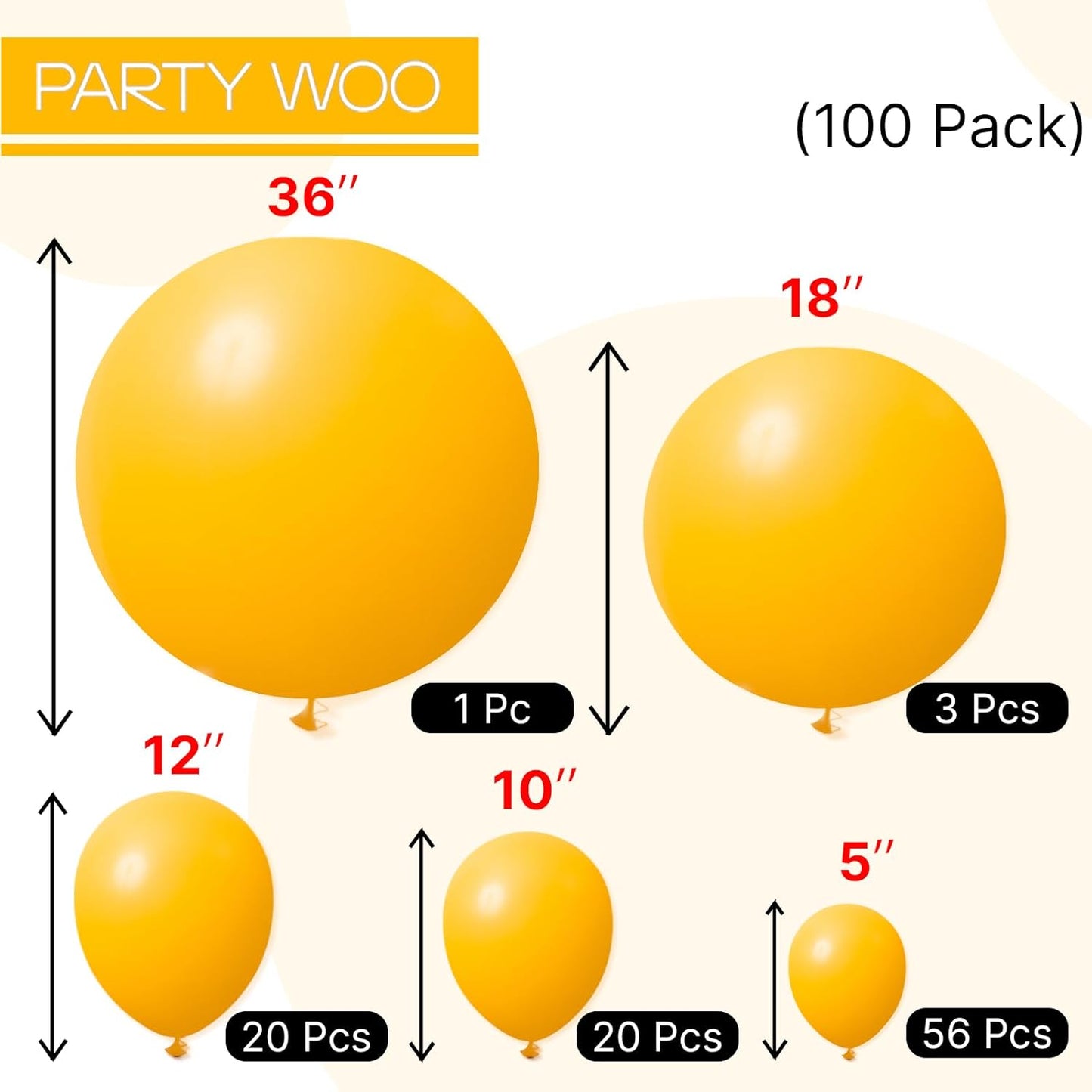 PartyWoo Mustard Yellow Balloons 100 pcs Different Sizes of 36 18 12 10 5 Inch Fall Color Orange Yellow Balloon Arch Kit Garland for Thanksgiving Baby Shower Birthday Party Decorations Orange-Y10