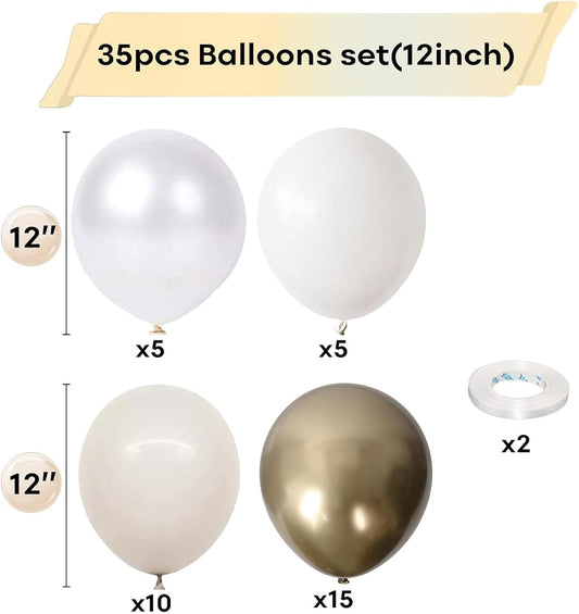 White and Gold Balloons, 12 Inch White Sand Gold Metallic Latex Balloons, Beige Gold Party Balloons for Boho Birthday Baby Shower Engagement Wedding Anniversary Party Decorations