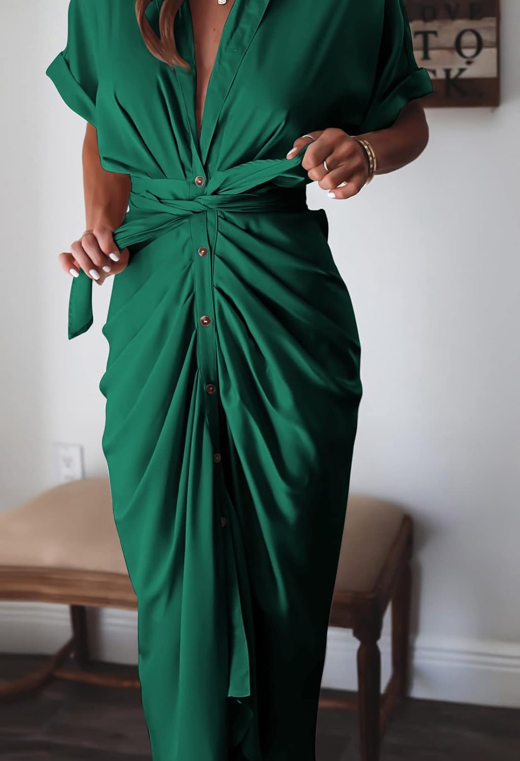 Women Elegant Satin Button Down Short Sleeve Maxi Shirt Dress with Belt