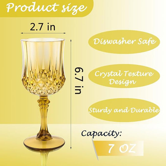 Plastic Wine Glasses, Plastic Goblets Vintage Style Cordial Unbreakable Drinking Glasses, Reusable Drinkware for Wedding Reception, Grand Event Party Supplies, Easter (12, Gold)