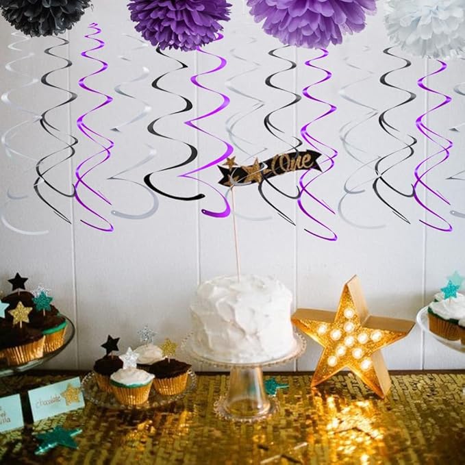 MOWO Purple Black and Silver Foil Swirl Hanging Decoration Streamer for Birthday Graduation Wedding Party Supplies, Pack of 21