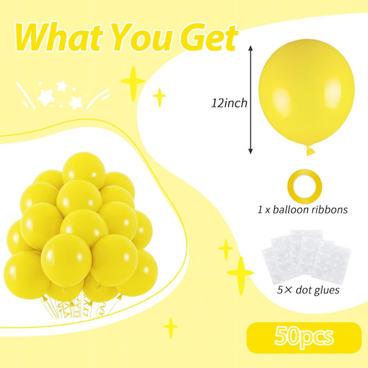 50pcs Yellow Balloons, 12inch Yellow Latex Party Balloons Helium Quality for Birthday Graduation Easter Bee Baby Shower Sunflower Party Decorations (with Ribbon & Glue)