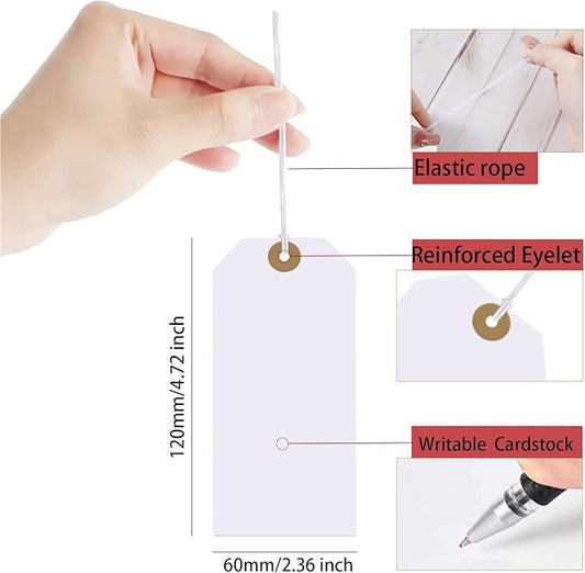 White Tags With String Attached, 200 Pcs Large Marking Paper Hanging Tags With Elastic Rope, Writable Price Blank Gift Tags for All Occasions