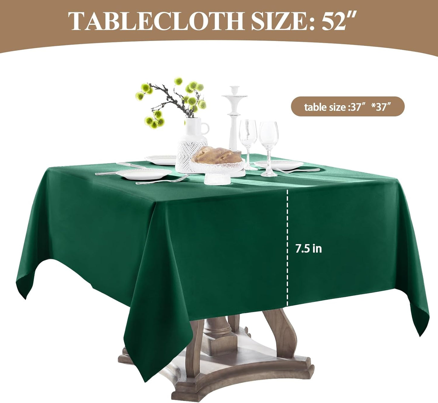 Square Tablecloth 52 x 52 Inch Dark Green Tablecloths Stain-Wrinkle Resistant Washable Polyester Table Cloths for Holiday, Buffet Parties,and Wedding 6pack