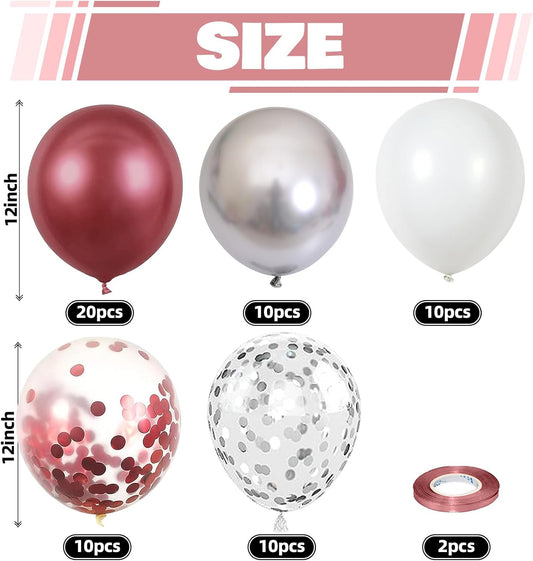 Burgundy Red and Silver Balloons, 60 Packs 12 Inch Wine Red and White Silver Metallic Confetti Balloons with Ribbons for Women Birthday Wedding Bridal Shower Retirement Party Decorations Supplies