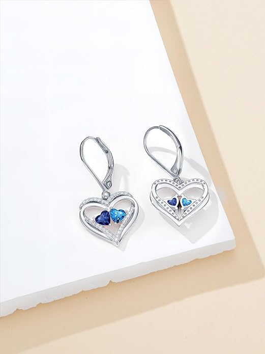 Valentines Day Gifts for Women, Heart Leverback Earrings Double Birthstone Dangle Earrings for Women, Love Jewelry for Her, Anniversary Birthday Gift for Mom Wife Girlfriend