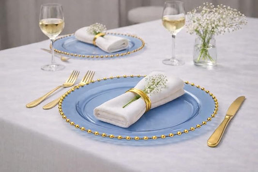 PLASTICPRO Translucent Blue with Gold Rim Plastic Charger Plates with Beaded Edge – Pack of 4 – 13" Elegant Round Disposable Chargers for Weddings, Events, Parties, and Dinners