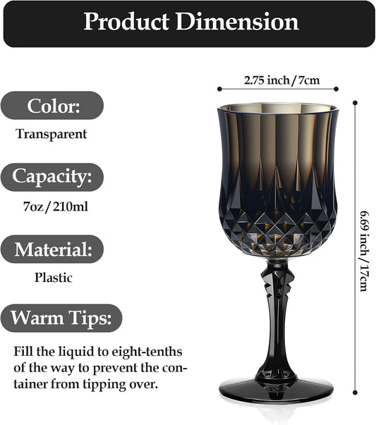 XUWAIDSGN 7oz Plastic Vintage Wine Glasses Drinking Glasses Unbreakable Wedding Glassware Crystal Water Goblets Reusable Drinkware Vintage Champagne Flutes (48, Black)