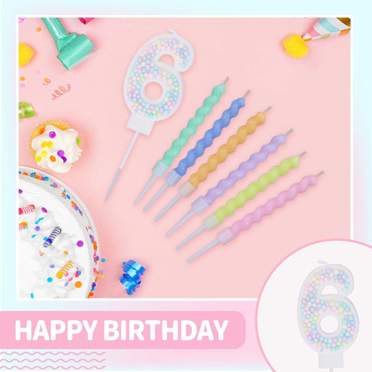 Number 6 Birthday Candles for Cake with 17 Pieces Spiral Candles with Macaron Pastel Rainbow Pink Cake Toppers for Girls Happy Birthday Party Decorations