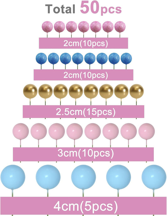 ASTARON 50 Pcs Ball Cake Topper Sticks Mini Balloons for Cake Decorating Supplies Foam Balls Cake decorations for Baby Shower Cake Birthday Cake Toppers Decorations (Pink Blue Series)