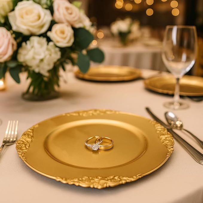 Okllen 12 Pack Gold Charger Plates, 13" Round Dinner Charger Plates with Embossed Rim for Catering, Wedding, Tabletop Decor