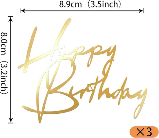 Rsstarxi 3 Pack Acrylic Happy Birthday Cake Topper Gold Artistic Fonts Happy Birthday Sign Cake Pick for Men Women Boys Girls Birthday Party Cake Decorations Supplies