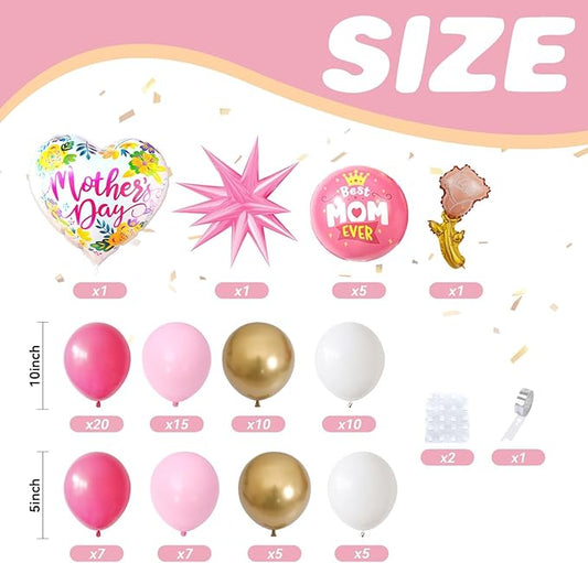 Mother's Day Balloon Arch, Hot Pink metallic Gold Balloon Garland Kit with Large Mon Printed Foil Balloons, Pink Mother Star Foil Balloons for Mom's Day Party Decorations