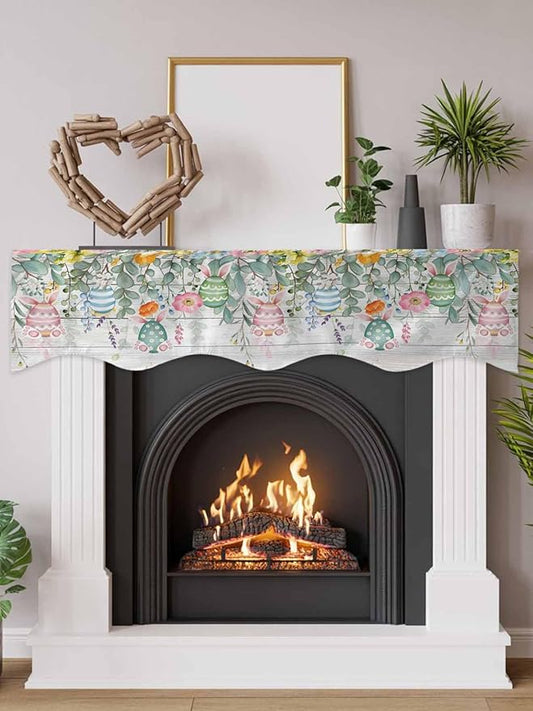 Easter Fireplace Mantel Scarf Table Runner, Spring Eggs Eucalyptus Leaves Wooden Grain Winter Garland Mantel Top Tablerunners Dresser Scarves Cover Decorations for Windows Party Living Room 90''x17''