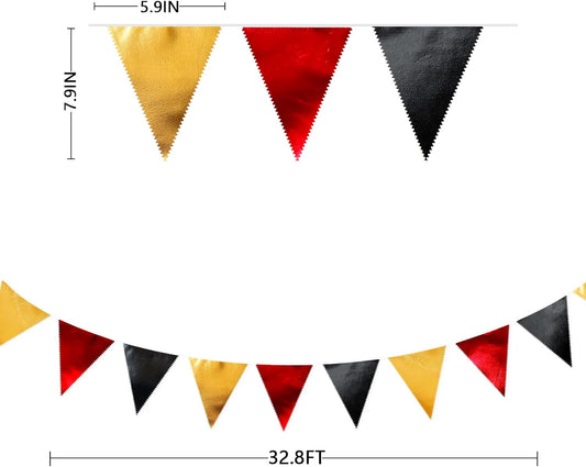 Red Black Gold Party Decorations Metallic Fabric Triangle Pennant Banner Flag Bunting Garland for Graduation Birthday Anniversary Pirate Poker Casino Las Vegas Christmas Holiday Party Supplies