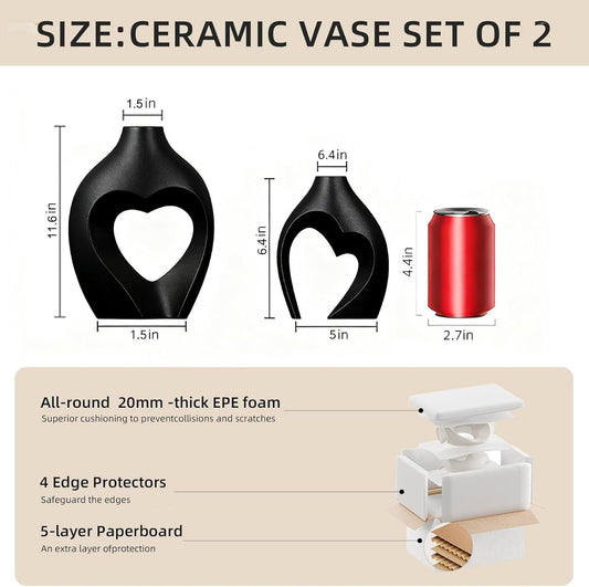Black Vases for Decor, Heart Shaped Ceramic Vase Set of 2, Nordic Heart Shaped Vases, Minimalist Decorative Vase for Table Centerpiece Wedding Dining Living Room Office House Decoration