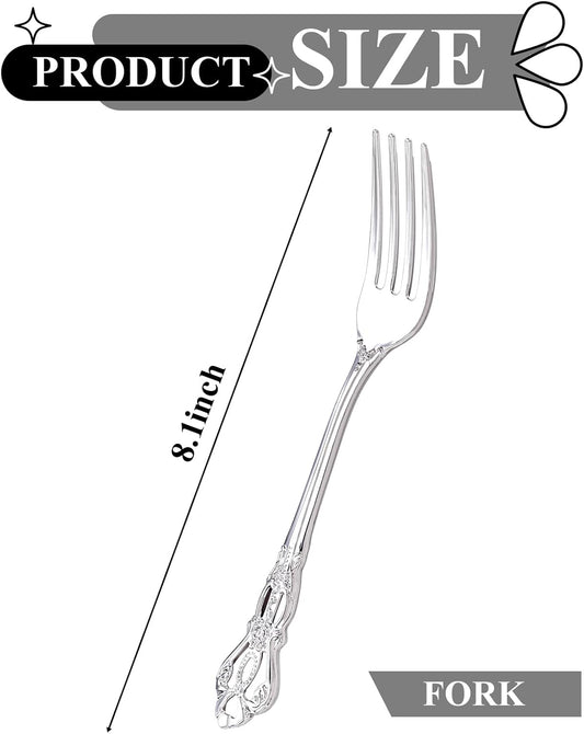 75PCS Silver Plastic Forks - 8.1inch Silver Forks Disposable - Vintage Heavy Duty Dessert Forks - Premium Fancy Plastic Silverware for Parties, Weddings, Dinners and Events