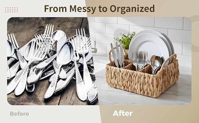 Silverware Basket, Water Hyacinth Utensil Caddy, 4-Compartment Flatware Storage Basket with Dual Handles, Farmhouse Divided Cutlery Holder, Natural Woven Silverware Organizer, 10.4 x 8.5 x 6.1 in