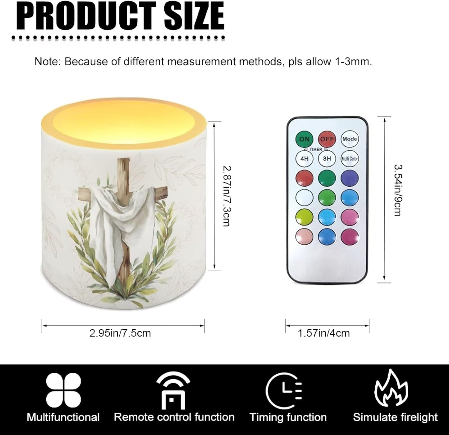 Poceacles 4 Pack Christmas Flameless LED Candles Remote Control Flickering LED Pillar Candles Multi-Color Options Tea Lights for Party Dinner Event Decor, Cross Leaf White