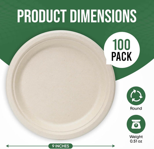 9 Inch Compostable Paper Plates (100 Pack) - Eco-Friendly Disposable Dinnerware for Parties, Microwavable & Water/Oil Resistant - 100% Biodegradable Heavy Duty Brown Plates for Events, Picnics