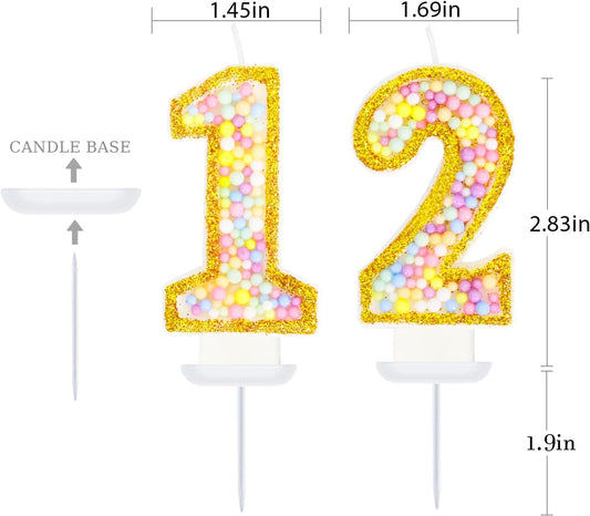12th Birthday Candle for Cake, Colorful Macaron Numeral Candles for Boys/Girls, Birthday Party Cake Decorations, Golden Cake Topper for Birthday Party Supplies (Number 12)