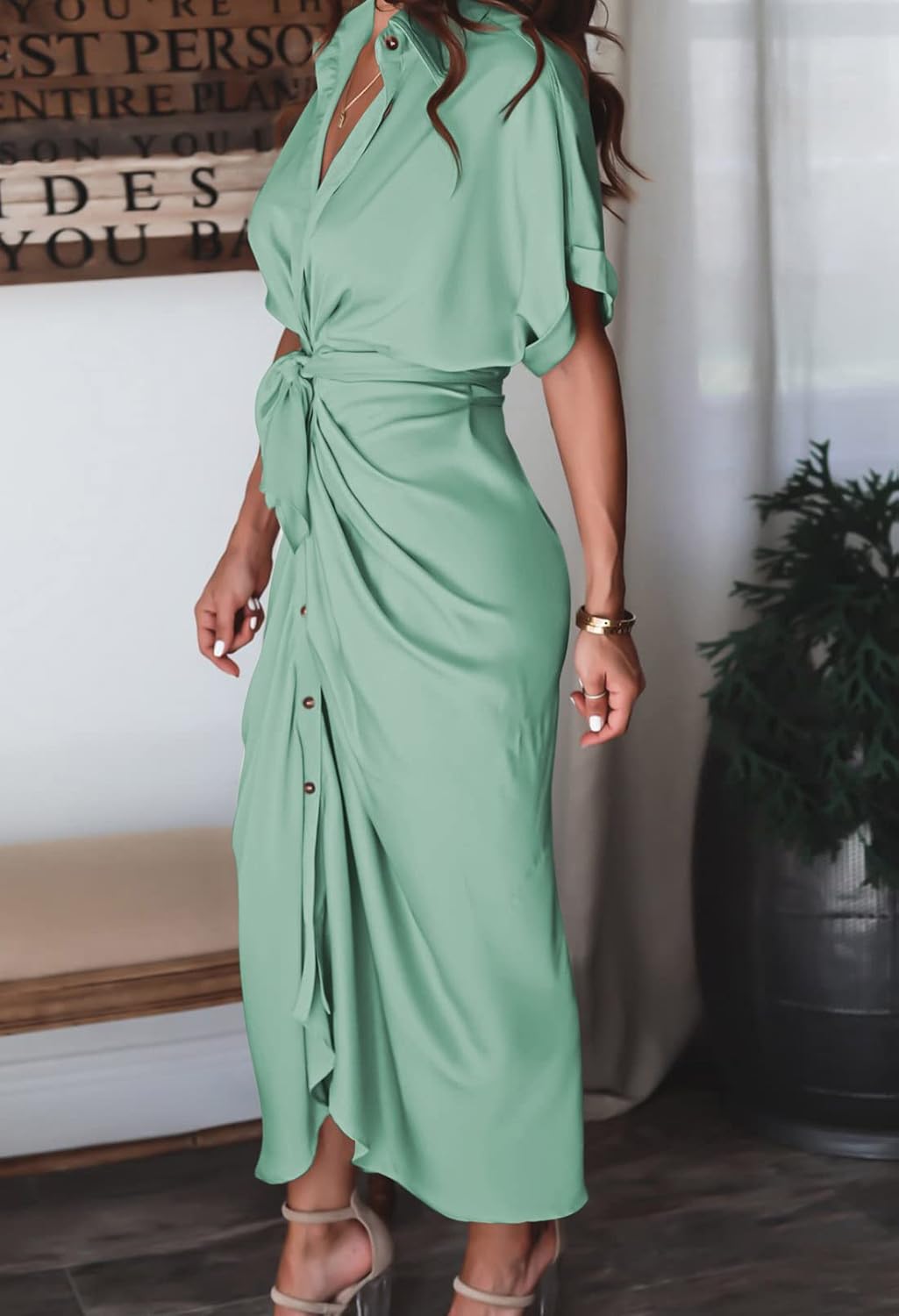 Women Elegant Satin Button Down Short Sleeve Maxi Shirt Dress with Belt