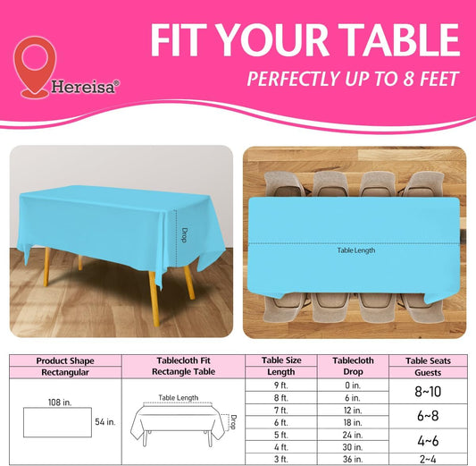 Disposable Plastic Tablecloth Light Blue 54x108 Inch, 5-Pack Waterproof Rectangular Table Cover for Parties, Picnics, Dining Protection