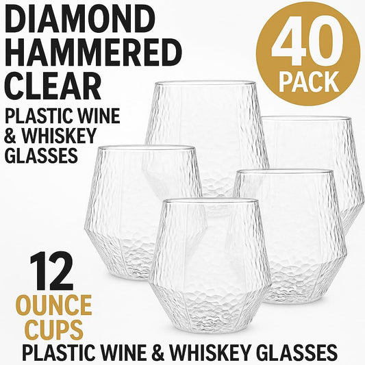 Oojami 40 count Diamond Unbreakable Stemless Plastic Wine Champagne Whiskey Glasses Elegant Durable Disposable Indoor Outdoor Ideal for Home, Office, Bars, Wedding, 12 Ounce Cups (Hammered Clear)