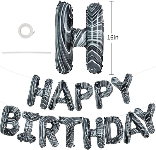 TONIFUL Black Marble Happy Birthday Balloons Banner,16 Inch Mylar Foil Letters Birthday Sign Bunting for Girls Boys Kids & Adults Birthday Decorations and Party Supplies