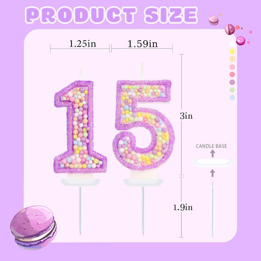 Purple Birthday Candles - Number 15 Candle, Colorful Macaron Candles, 15 Birthday Decorations for Girls, Purple Cake Decorations, Theme Party Supplies