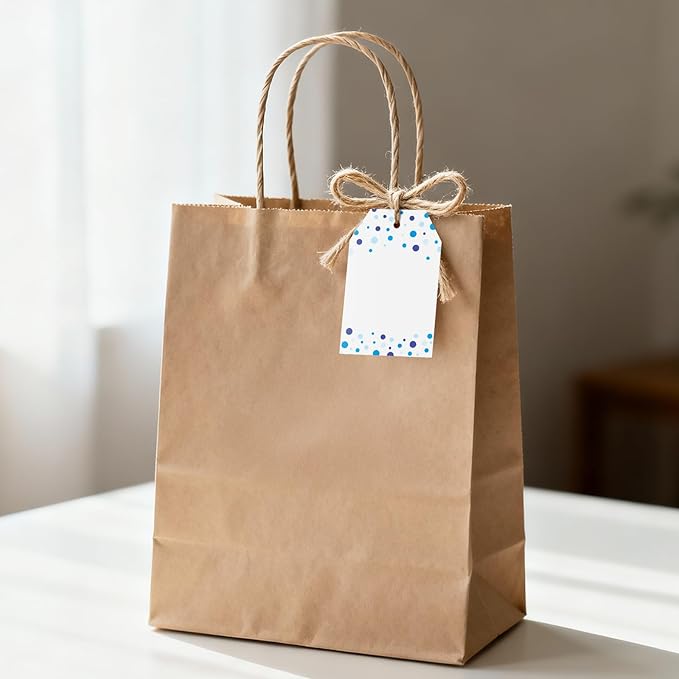 Anwyll Gift Tags with String - 100Pcs Blue Confetti Polka Dot Gift Bag Tags Personalized White Blank Hanging Paper Label Tag for Birthday Party Wedding Bridal Shower Fathers Day Favor Present Wrapping
