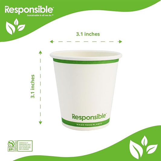 Responsible Products 6 oz Paper Hot Cups Bulk, Tree-Less™ Compostable Paper Coffee Cups, Extra Strength, Tree-Free and Made Without PFAS, White (1000 Count)
