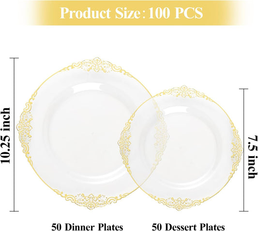 100 PCS Clear and Gold Plastic Plates for 50 Guests, Clear Disposable Plates Include 50 PCS Dinner Plates, 50 PCS Dessert Plates for Party, Wedding and Graduation