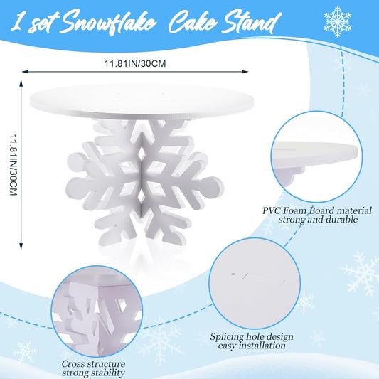 Lallisa 12" Snowflake Frozen Cake Stand White 3D Snowflake PVC Cake Decorations with Engraved Snow Themed Holder Winter Dessert Stand Centerpieces for Winter Birthday Christmas Frozen Party Supplies
