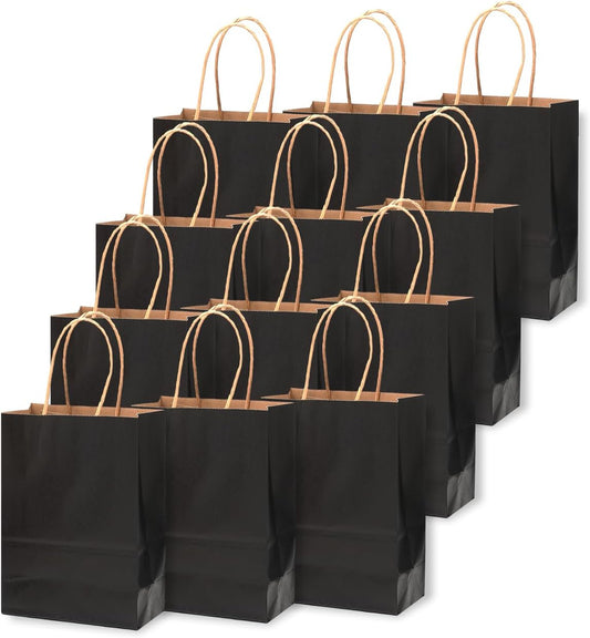qiqee 200-Packs Black Paper Gift Bags with Handles Bulk 4.5"x2.5"x6" Mini Size Paper Bags Multiple Uses