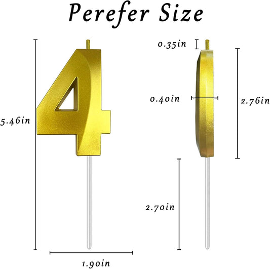 Gold Number 4 Candles, 3D Diamond 2.76 Inch Cake Topper Birthday Candles for Wedding Anniversary Cake Decorations, Happy Birthday Party Decorations